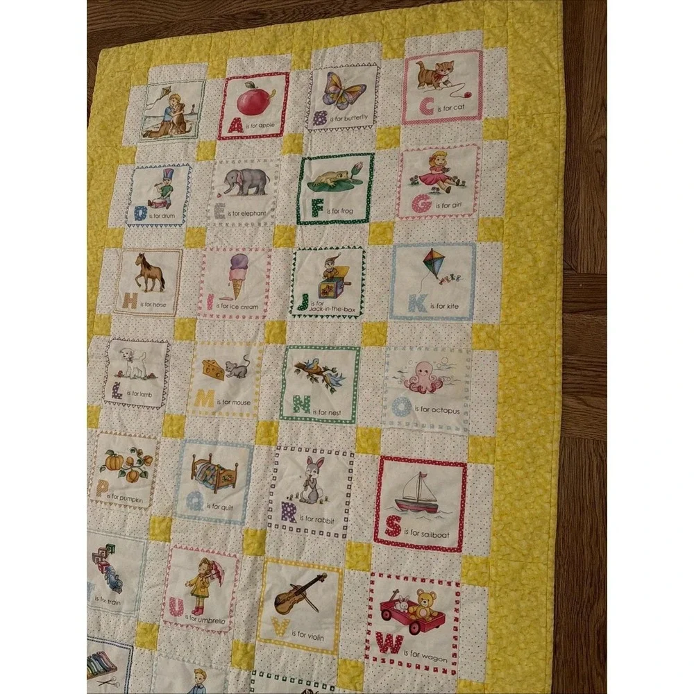 Handmade Children's Alphabet Yellow White Quilt Squares Handprint Back 48.5